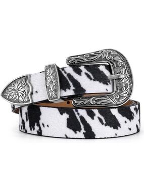 Western Cow print Belt with floral Silver Engraved Buckle